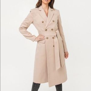 Cream Beige Belted Double Breasted Long Wrap Coat